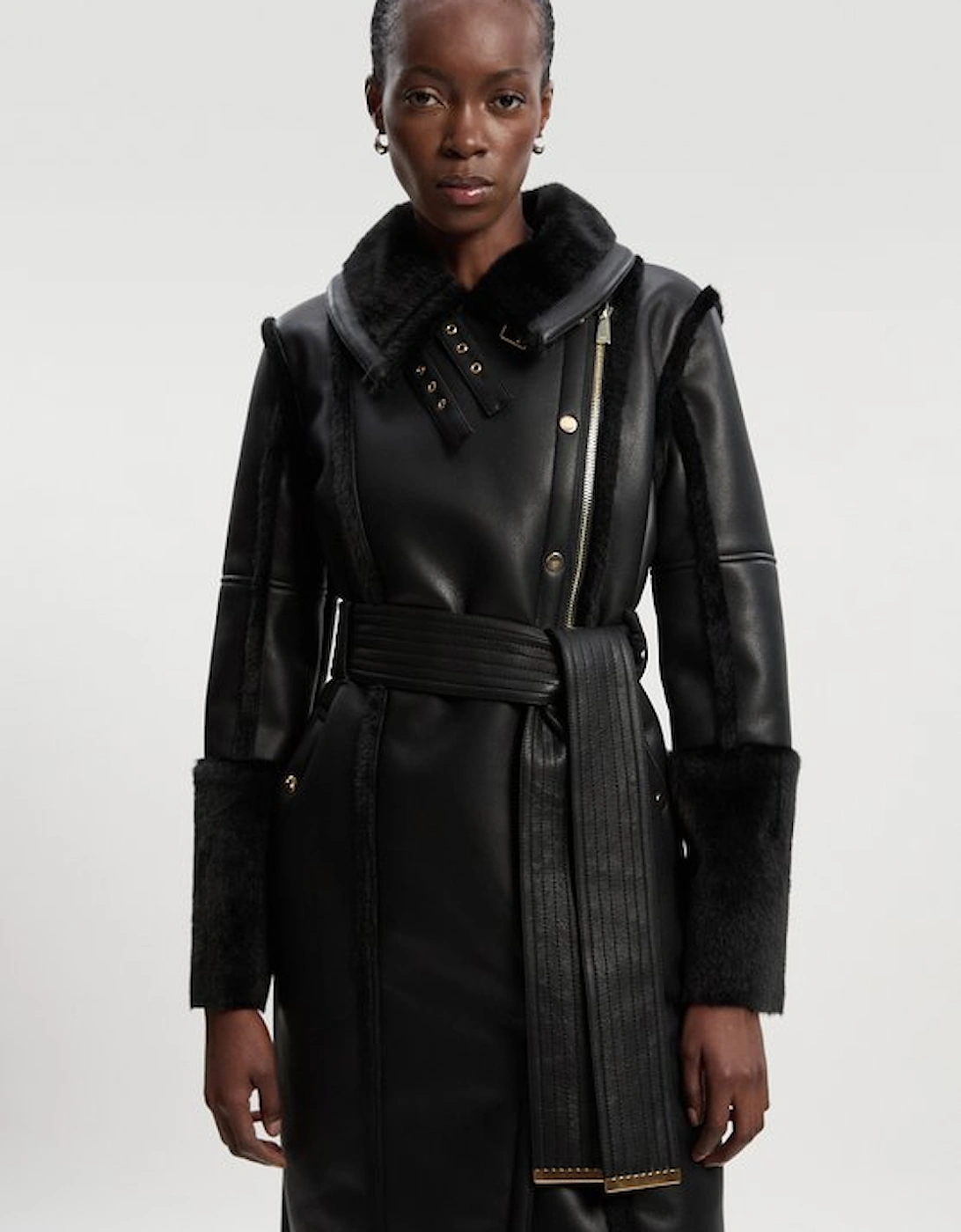 Faux Fur Buckle Detail Belted Biker Midi Coat