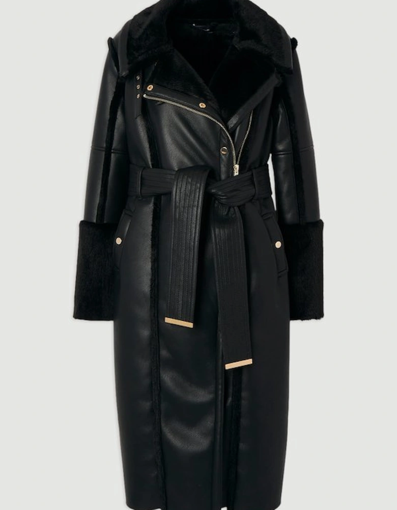 Faux Fur Buckle Detail Belted Biker Midi Coat