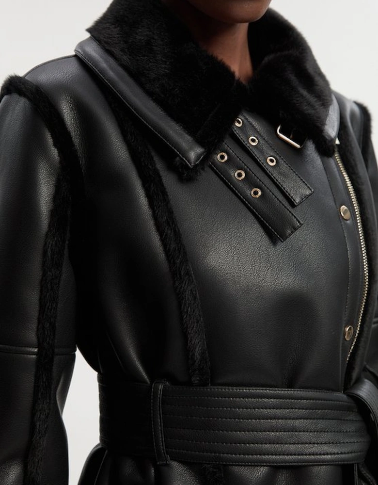 Faux Fur Buckle Detail Belted Biker Midi Coat