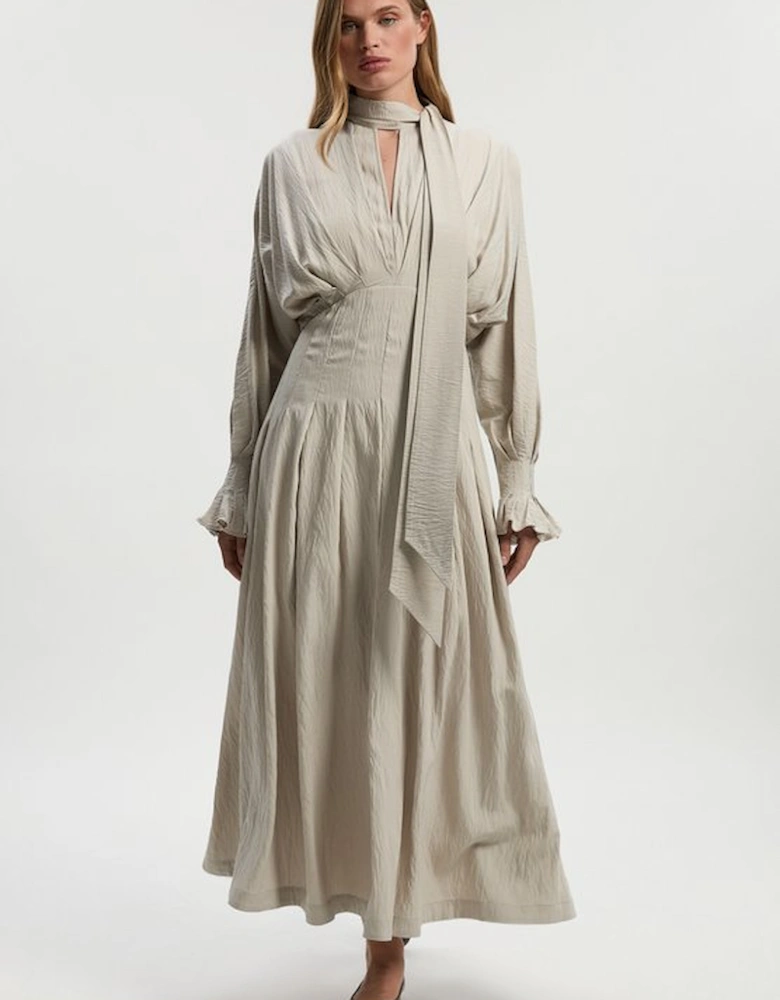 Pleated Neck Tie Detail Woven Maxi Dress