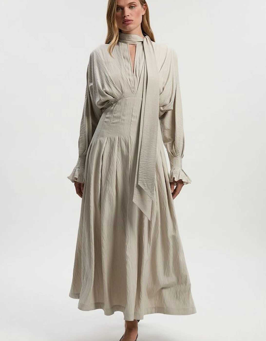 Pleated Neck Tie Detail Woven Maxi Dress, 5 of 4