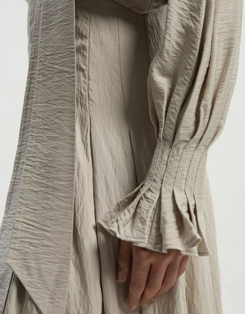 Pleated Neck Tie Detail Woven Maxi Dress