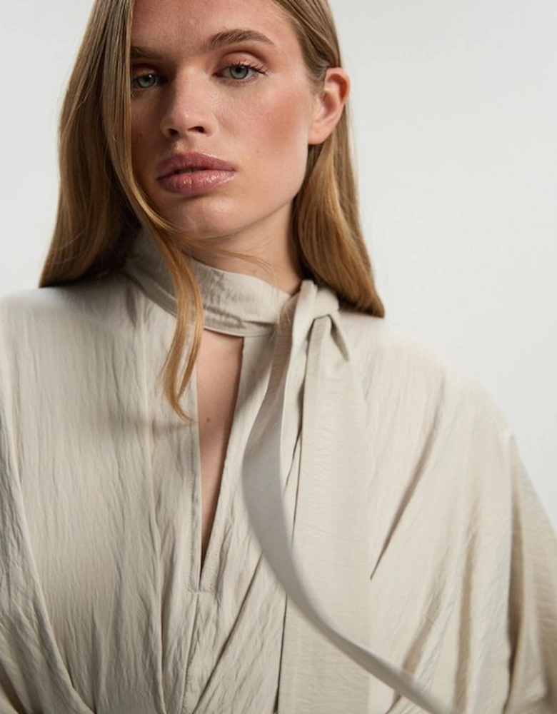 Pleated Neck Tie Detail Woven Maxi Dress