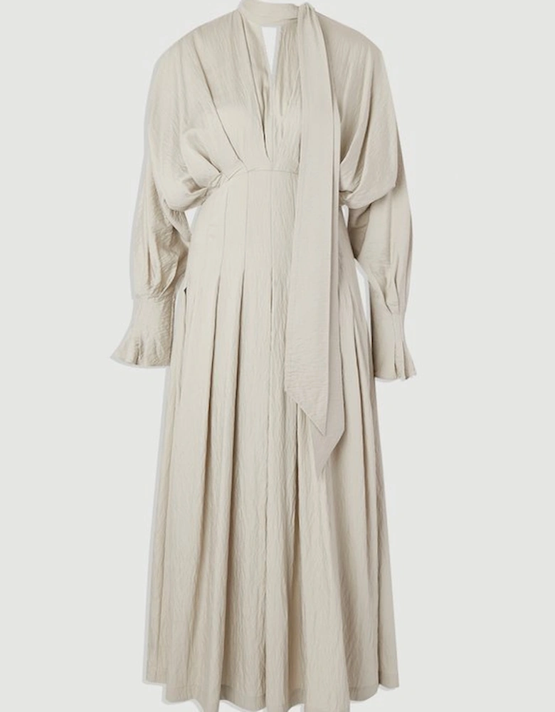 Pleated Neck Tie Detail Woven Maxi Dress