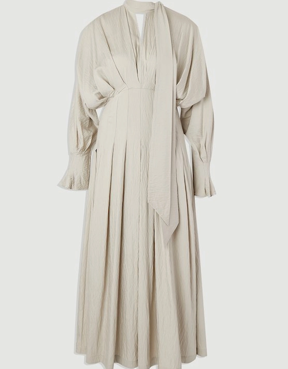 Pleated Neck Tie Detail Woven Maxi Dress