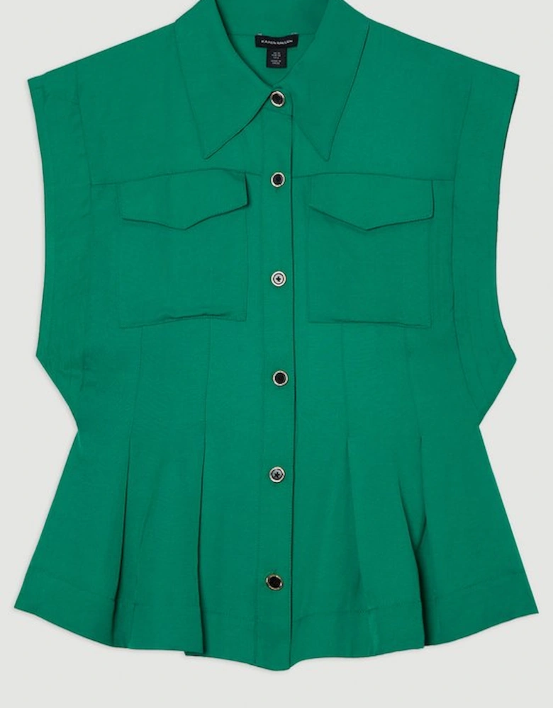 Premium Viscose Linen Topstitch Woven Blouse With Waist Seam Detail