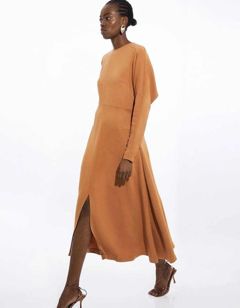 Premium Woven Viscose Crepe Long Sleeve Midi Dress