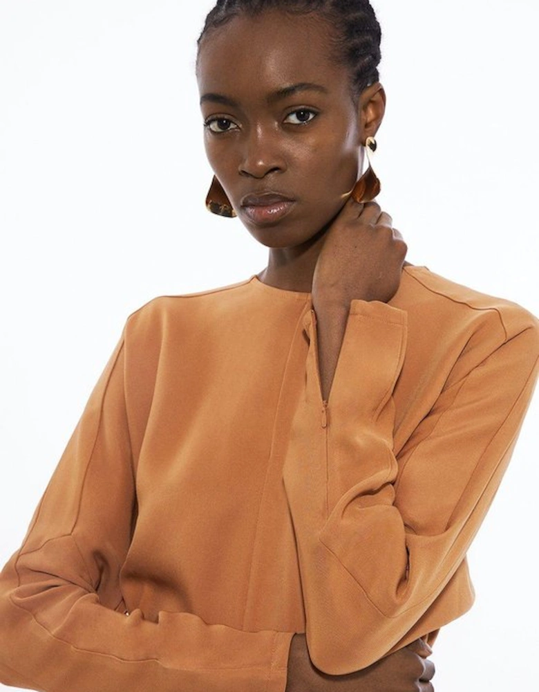 Premium Woven Viscose Crepe Long Sleeve Midi Dress