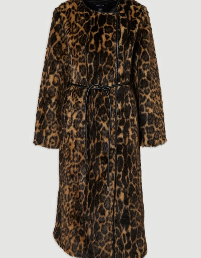 Faux Fur Leopard Collarless Tie Belted Midi Coat