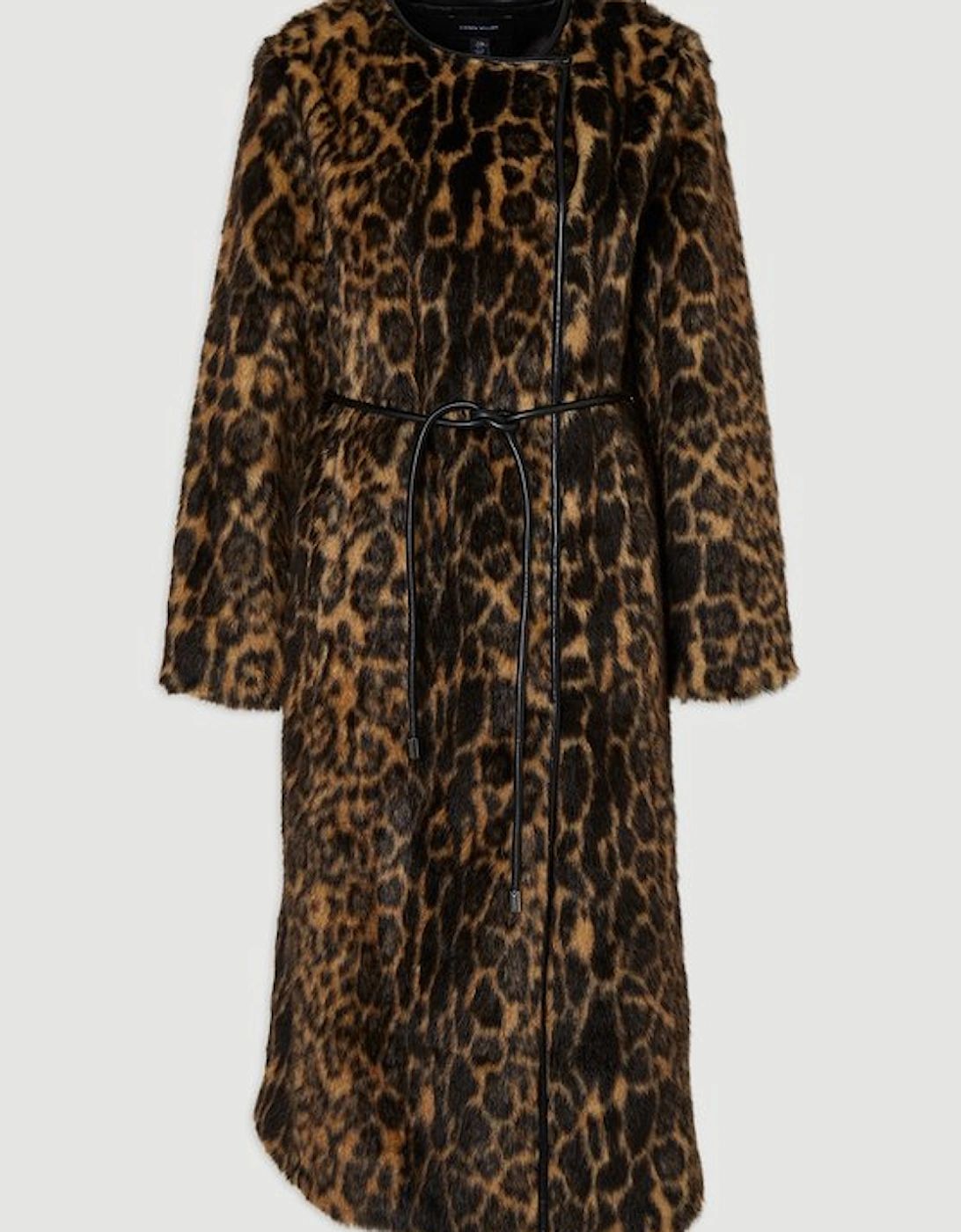 Faux Fur Leopard Collarless Tie Belted Midi Coat