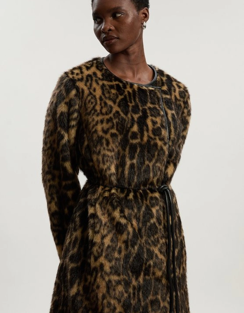 Faux Fur Leopard Collarless Tie Belted Midi Coat