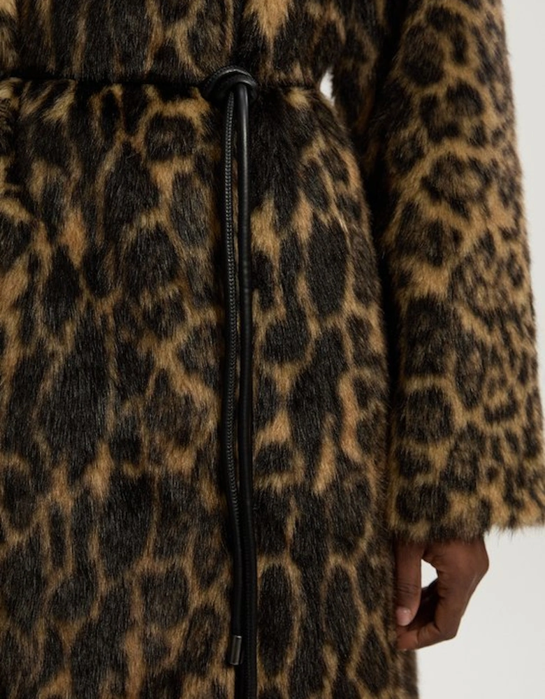 Faux Fur Leopard Collarless Tie Belted Midi Coat