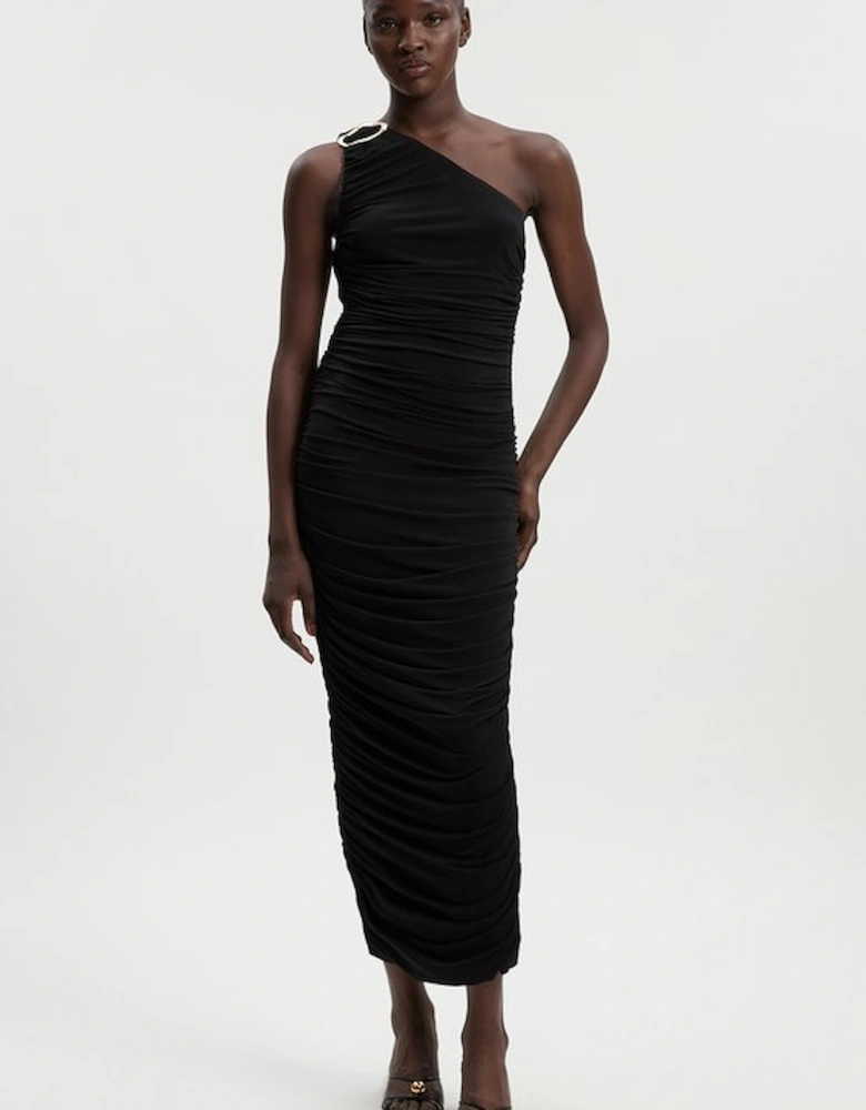 One Shoulder Drapey Crepe Trim Detail Ruched Maxi Dress
