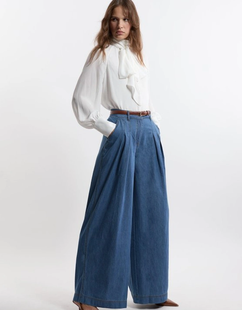 Tailored Chambray Denim Straight Leg Pleated Trousers