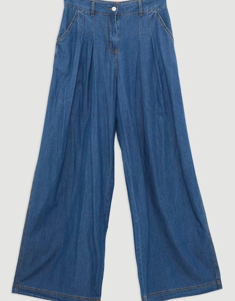 Tailored Chambray Denim Straight Leg Pleated Trousers