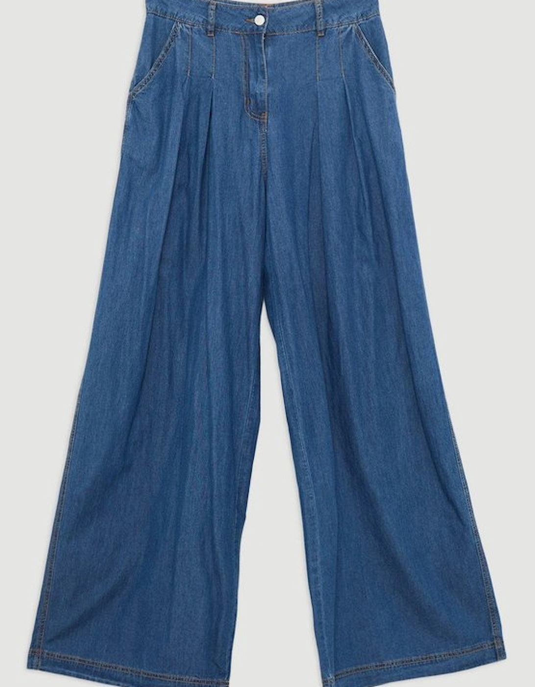 Tailored Chambray Denim Straight Leg Pleated Trousers