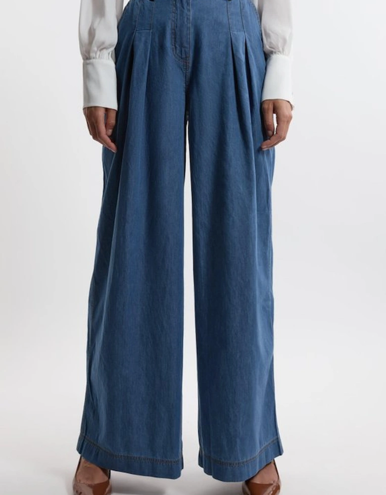 Tailored Chambray Denim Straight Leg Pleated Trousers