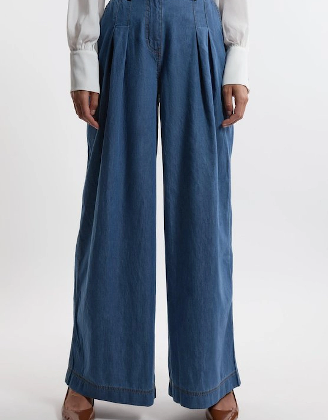 Tailored Chambray Denim Straight Leg Pleated Trousers