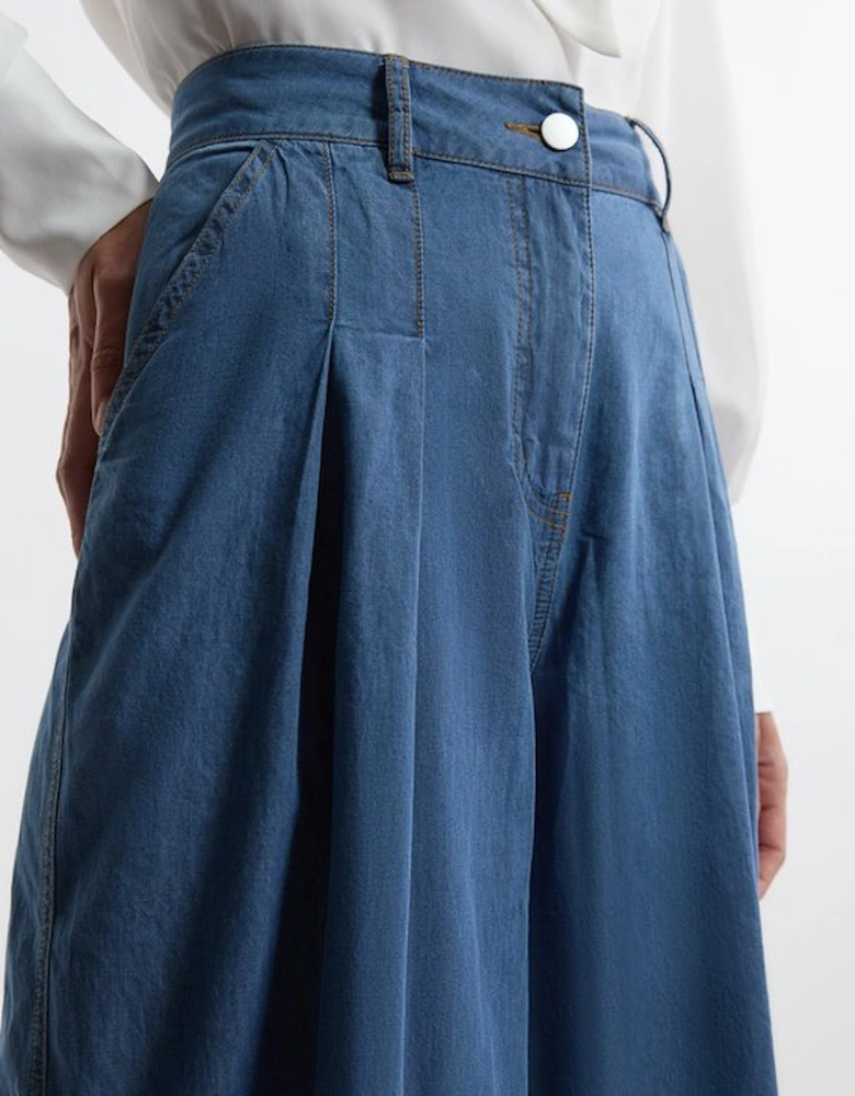 Tailored Chambray Denim Straight Leg Pleated Trousers