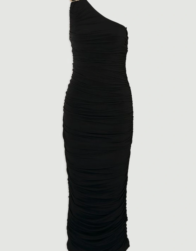 One Shoulder Drapey Crepe Trim Detail Ruched Maxi Dress