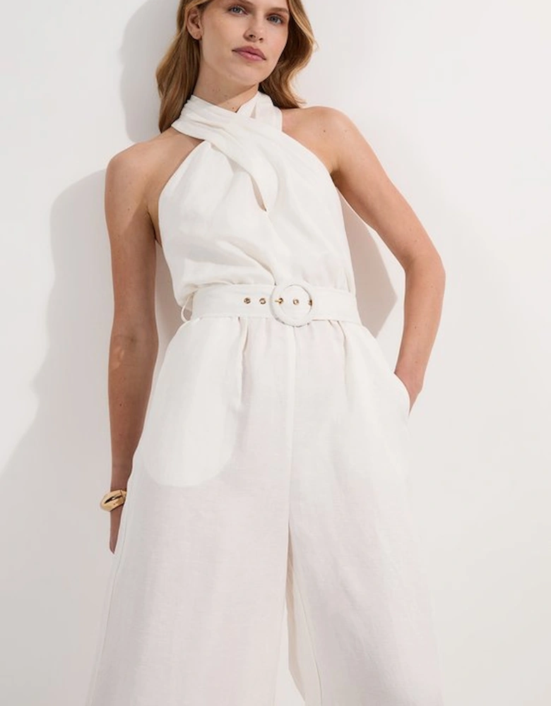 Petite Linen Viscose Cross Front Woven Belted Jumpsuit