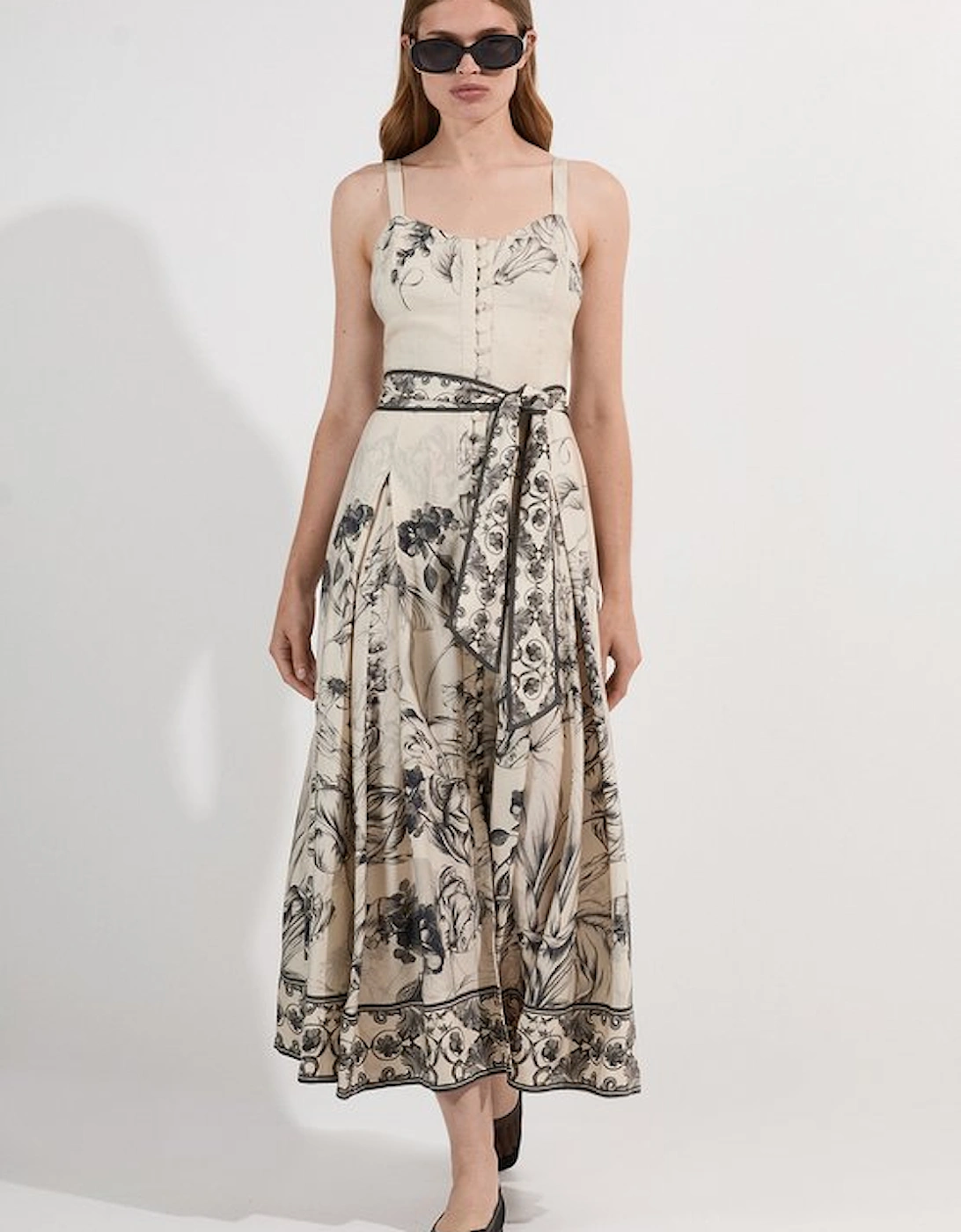 Viscose Linen Scenic Placed Print Strappy Woven Midi Dress, 5 of 4