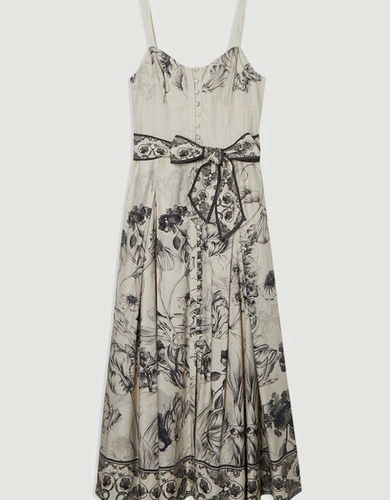 Petite Viscose Linen Scenic Placed Print Strappy Woven Midi Dress