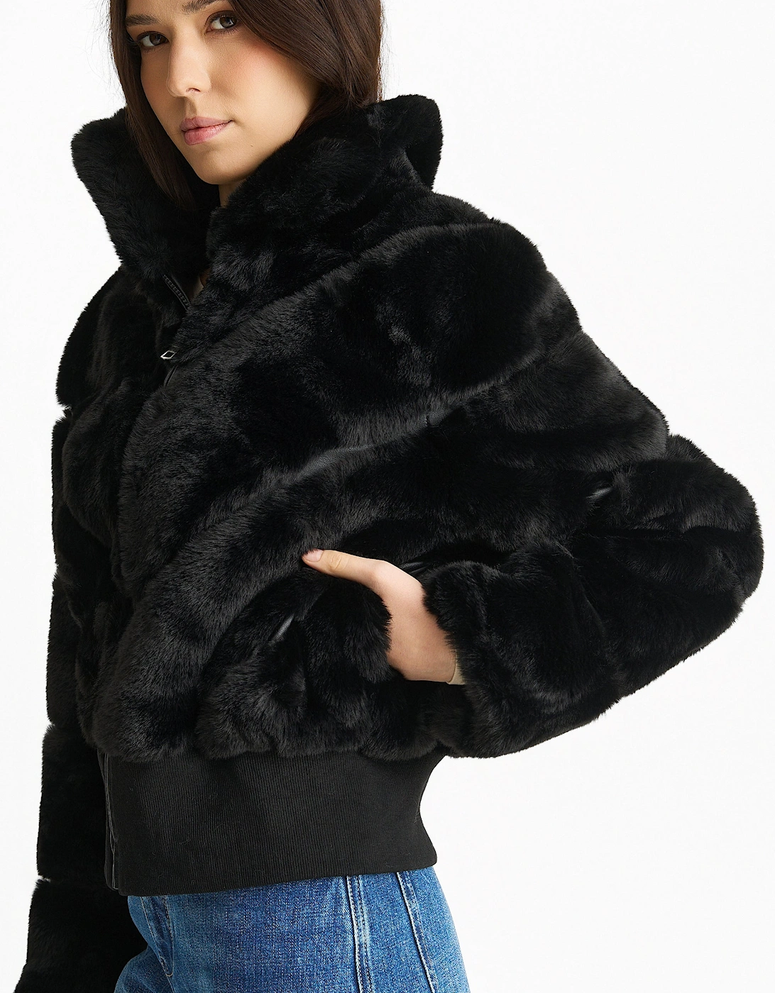 Black Faux Fur Zip Front Short Jacket