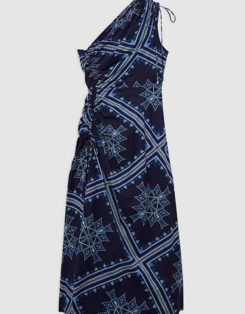 Printed Cotton Voile One Shoulder Midi Dress