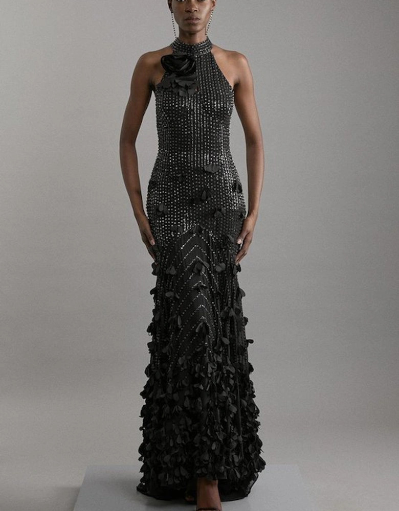 Crystal Applique Woven Maxi Rosette Maxi Dress