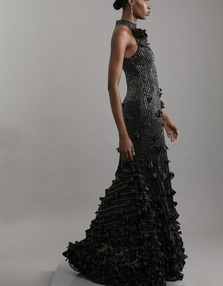 Crystal Applique Woven Maxi Rosette Maxi Dress