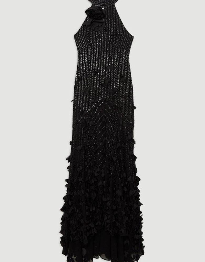 Crystal Applique Woven Maxi Rosette Maxi Dress