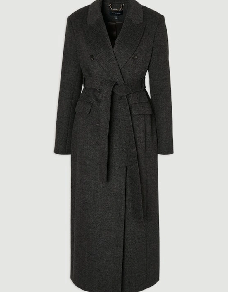 Brushed Wool Check Double Breasted Belted Tailored Maxi Coat