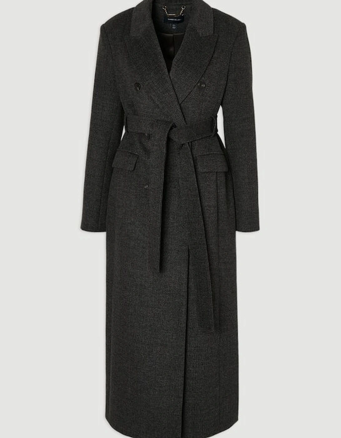 Brushed Wool Check Double Breasted Belted Tailored Maxi Coat