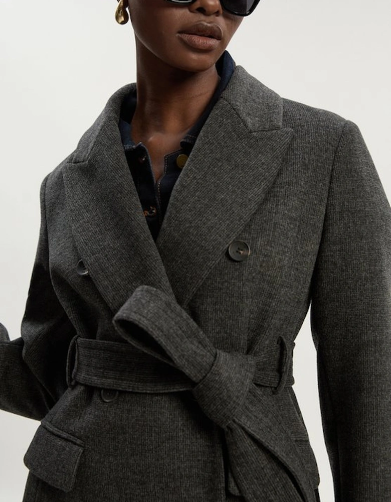 Brushed Wool Check Double Breasted Belted Tailored Maxi Coat