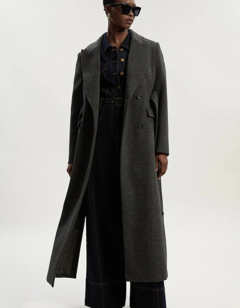 Brushed Wool Check Double Breasted Belted Tailored Maxi Coat