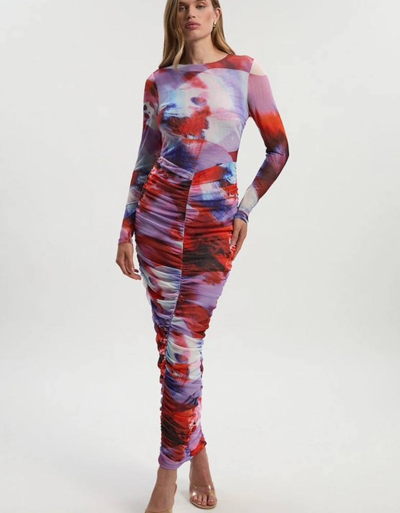 Floral Printed Mesh Ruched Long Sleeve Maxi Dress