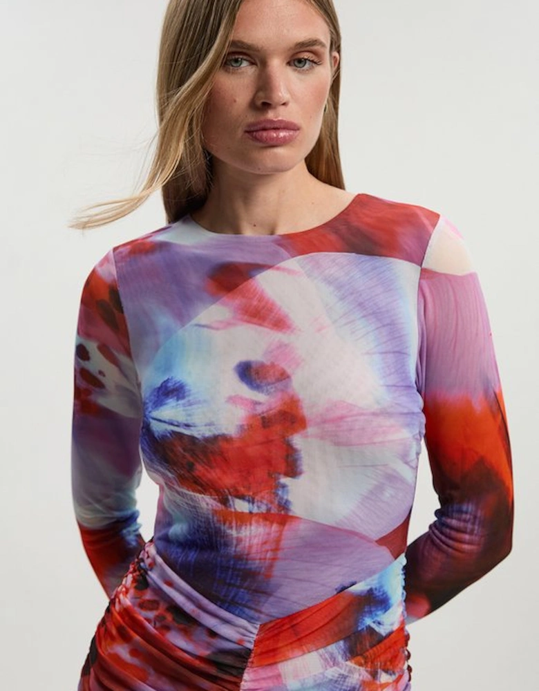 Floral Printed Mesh Ruched Long Sleeve Maxi Dress