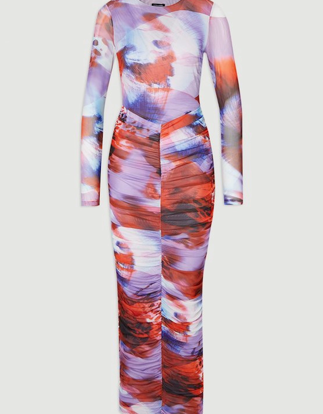Floral Printed Mesh Ruched Long Sleeve Maxi Dress