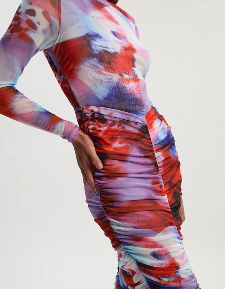 Floral Printed Mesh Ruched Long Sleeve Maxi Dress