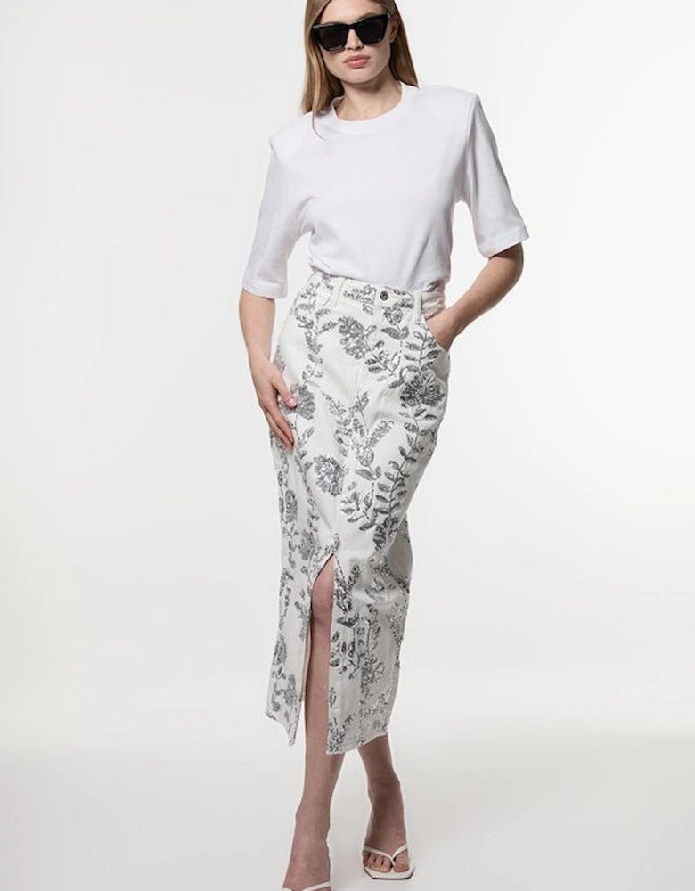 Denim All Over Floral Sequin Skirt