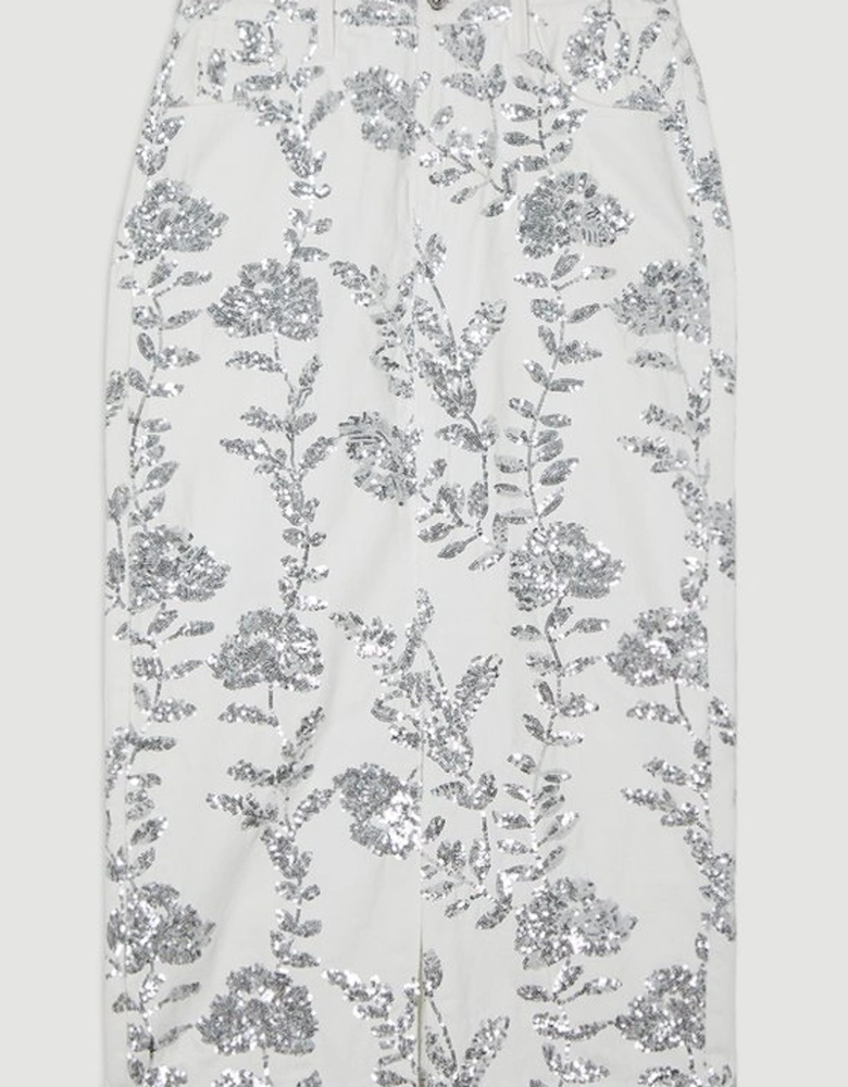 Denim All Over Floral Sequin Skirt