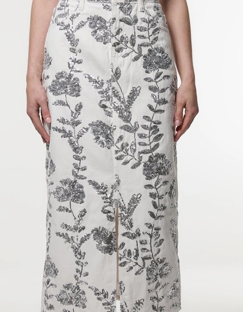 Denim All Over Floral Sequin Skirt