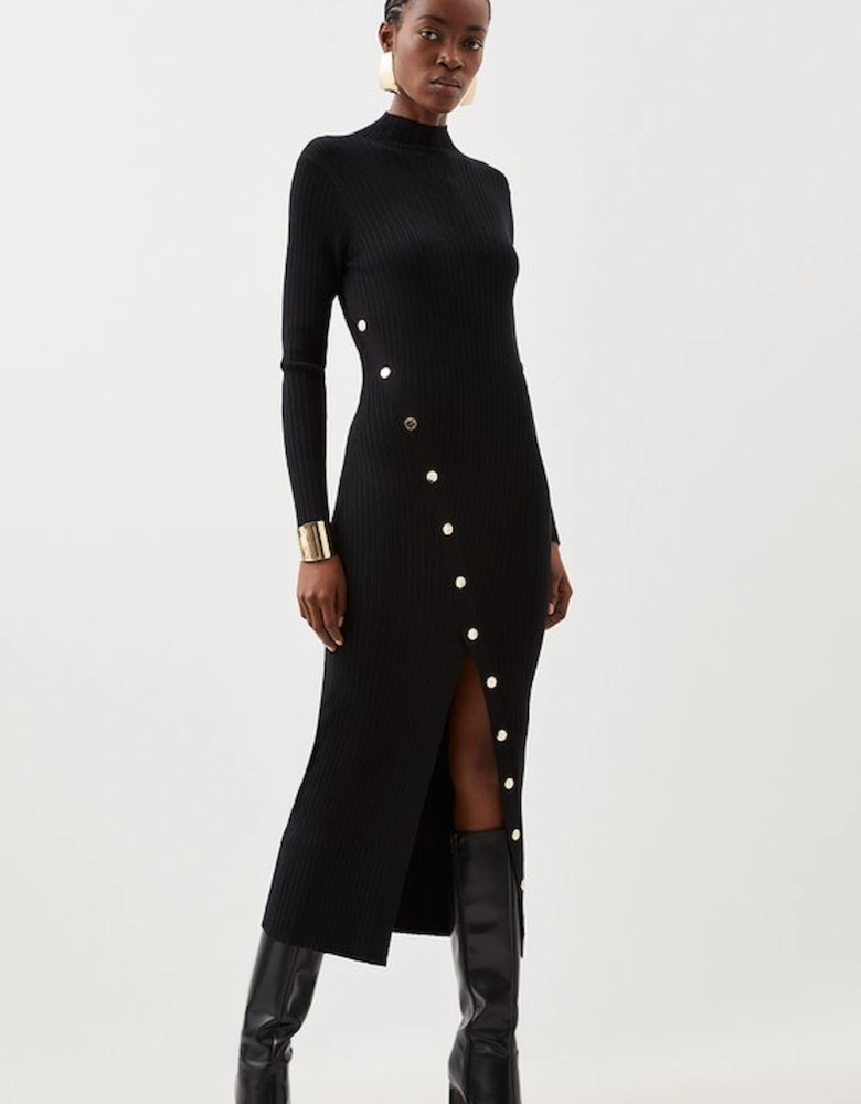Viscose Blend Popper Detail Split Knit Midi Dress