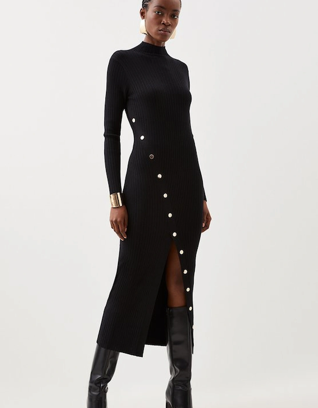 Viscose Blend Popper Detail Split Knit Midi Dress, 2 of 1
