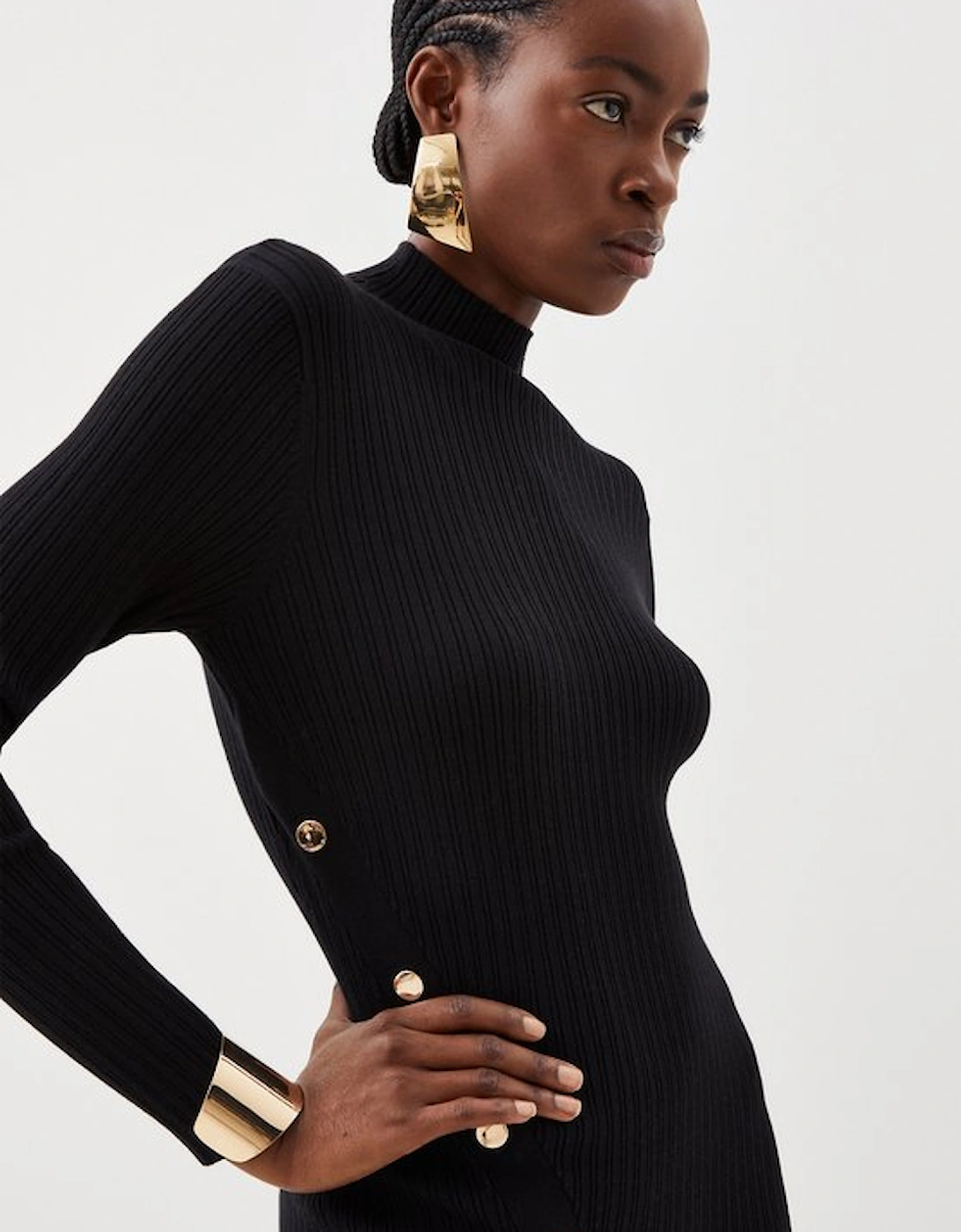 Viscose Blend Popper Detail Split Knit Midi Dress