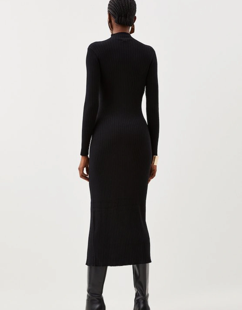 Viscose Blend Popper Detail Split Knit Midi Dress