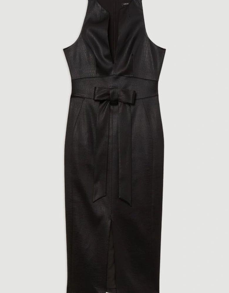 Italian Structured Satin Bow Detail Tailored Midi Dress