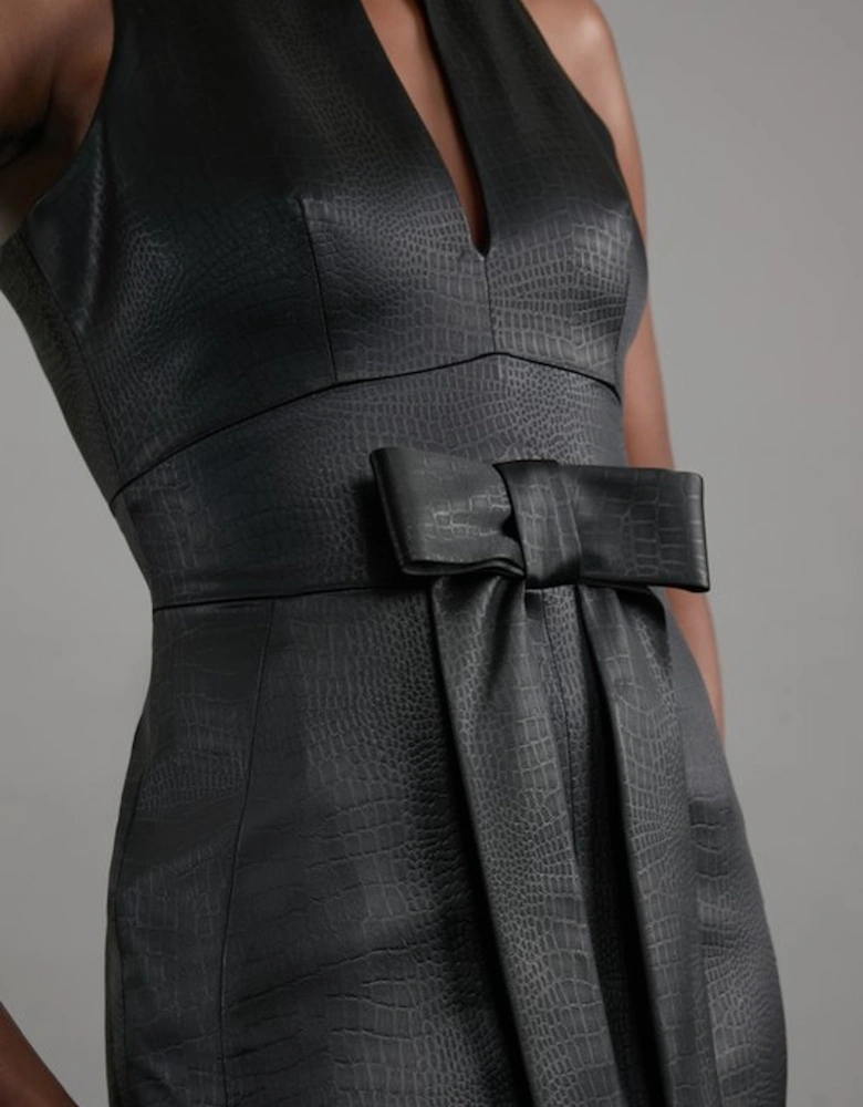Italian Structured Satin Bow Detail Tailored Midi Dress