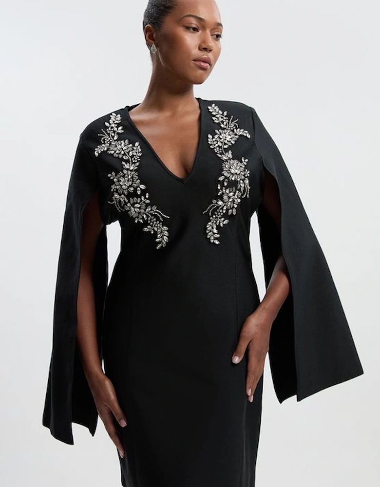 Plus Size Bandage Form Fitting Cape Sleeve Embellished Mini Dress